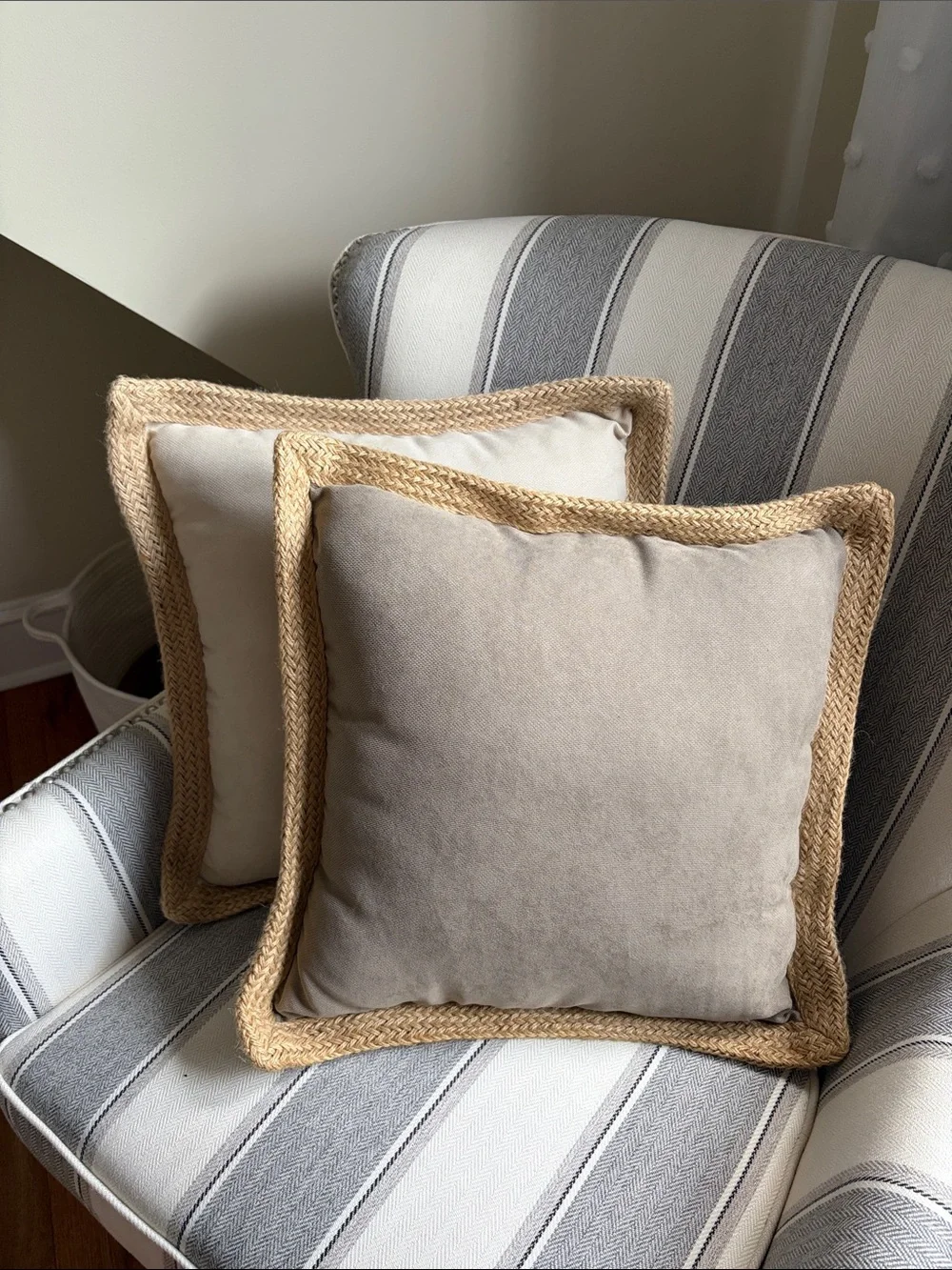 Set of 2 Neutral Beige Decorative Throw Pillows with Woven Jute Trim